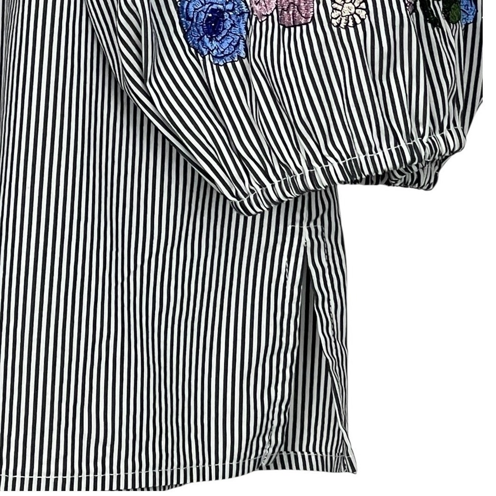 Liz Claiborne Blouse Womens XXL Black White Good Striped Floral Embroidered Puff - Picture 8 of 12